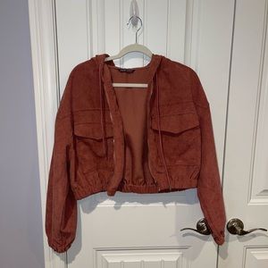 Mauve Corduroy Cropped Zip Up Jacket